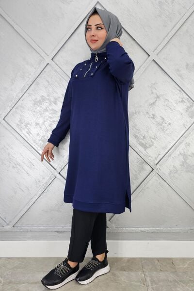 KADIN ÇITÇIT FERMUAR DETAYLI TESETTÜR TUNİK LACİVERT - 4 BEDEN
