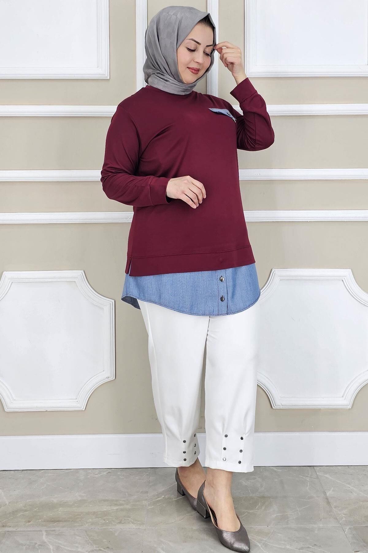 KADIN KOT KOMBİNLİ DÜĞME DETAYLI TESETTÜR TUNİK BORDO - 4 BEDEN