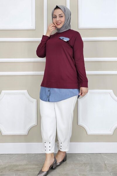 KADIN KOT KOMBİNLİ DÜĞME DETAYLI TESETTÜR TUNİK BORDO - 4 BEDEN