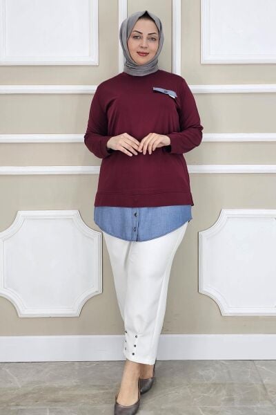 KADIN KOT KOMBİNLİ DÜĞME DETAYLI TESETTÜR TUNİK BORDO - 4 BEDEN