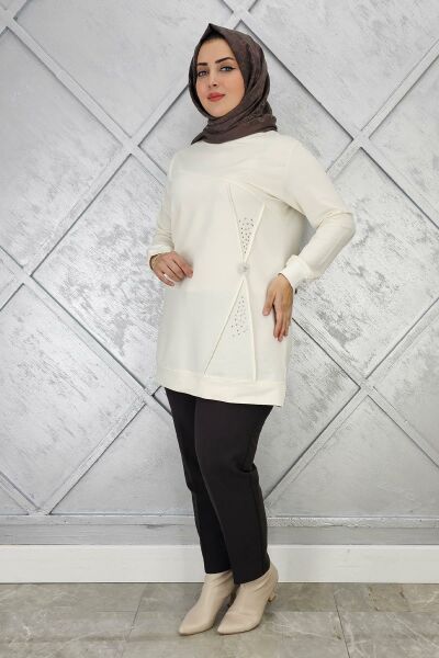 KADIN TAŞ VE DÜĞME DETAYLI TESETTÜR TUNİK EKRU - 3XL