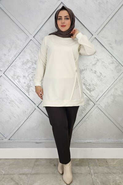 KADIN TAŞ VE DÜĞME DETAYLI TESETTÜR TUNİK EKRU - 3XL