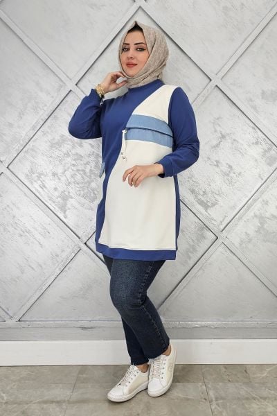 KADIN KOMBİNLİ TAŞ VE FERMUAR DETAYLI TESETTÜR TUNİK İNDİGO - 5 BEDEN