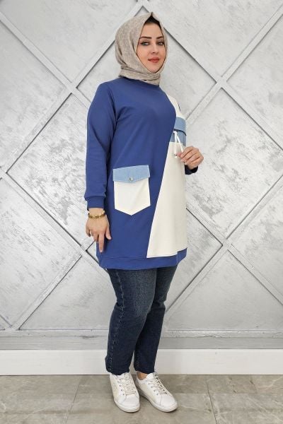 KADIN KOMBİNLİ TAŞ VE FERMUAR DETAYLI TESETTÜR TUNİK İNDİGO - 5 BEDEN