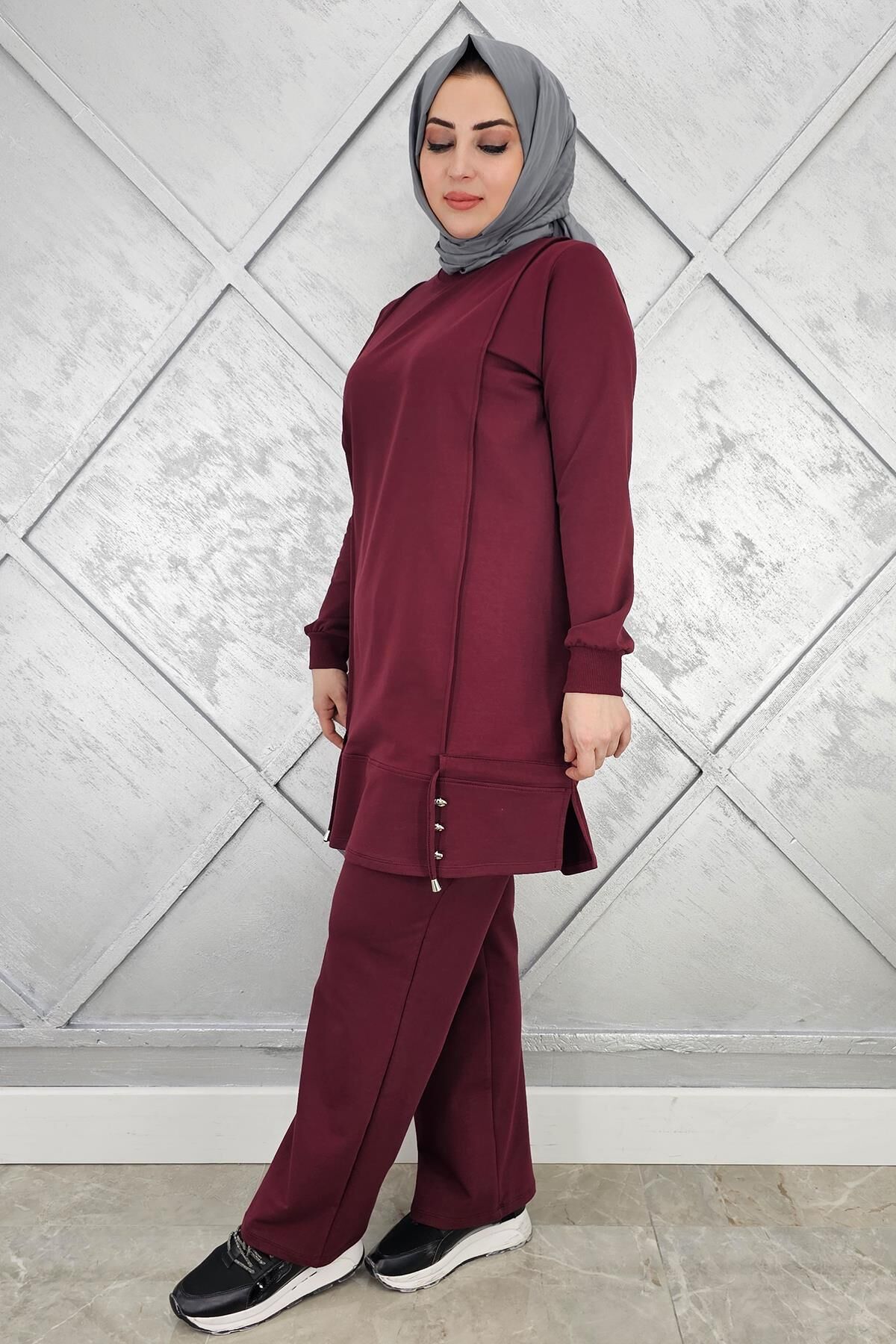 KADIN NERVÜR DİKİM DÜĞME DETAYLI TESETTÜR TAKIM BORDO - 2XL