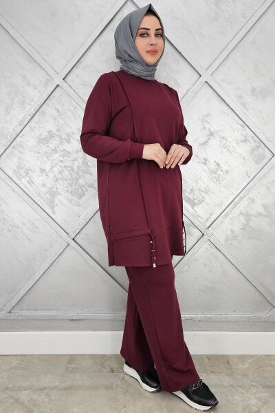 KADIN NERVÜR DİKİM DÜĞME DETAYLI TESETTÜR TAKIM BORDO - 2XL
