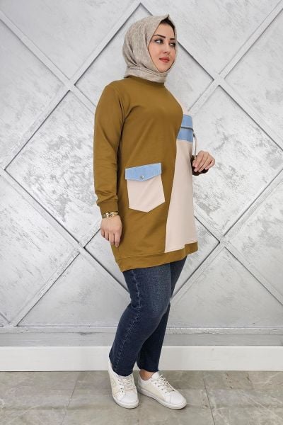 KADIN KOMBİNLİ TAŞ VE FERMUAR DETAYLI TESETTÜR TUNİK YAĞ YEŞİLİ - 3 BEDEN