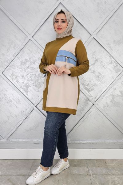 KADIN KOMBİNLİ TAŞ VE FERMUAR DETAYLI TESETTÜR TUNİK YAĞ YEŞİLİ - 3 BEDEN