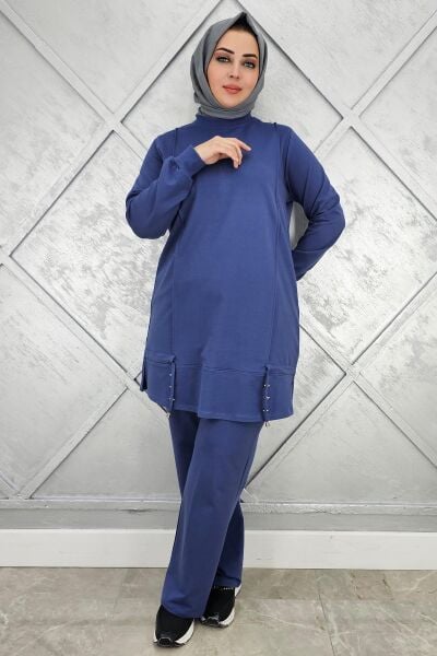 KADIN NERVÜR DİKİM DÜĞME DETAYLI TESETTÜR TAKIM İNDİGO - 2XL