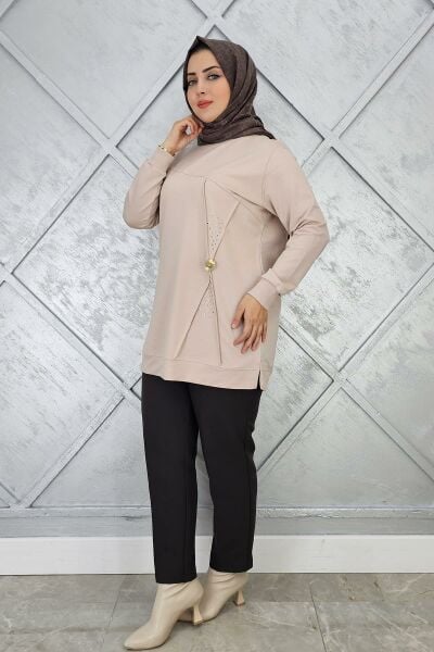 KADIN TAŞ VE DÜĞME DETAYLI TESETTÜR TUNİK BEJ - L