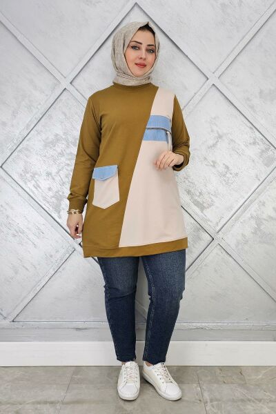 KADIN KOMBİNLİ TAŞ VE FERMUAR DETAYLI TESETTÜR TUNİK YAĞ YEŞİLİ - 4 BEDEN