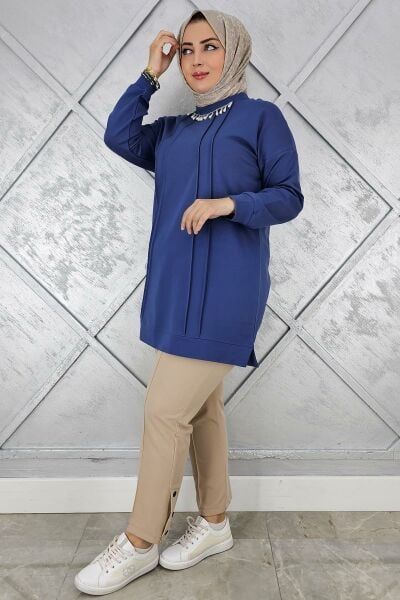 KADIN NERVÜR DİKİM İNCİ KOLYE DETAYLI TESETTÜR TUNİK İNDİGO - XL