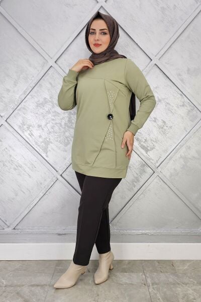KADIN TAŞ VE DÜĞME DETAYLI TESETTÜR TUNİK MİNT YEŞİLİ - L