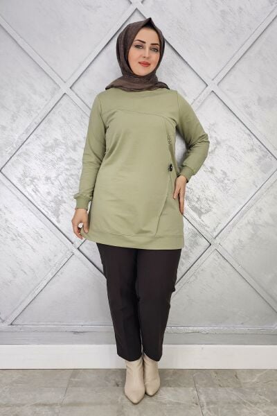KADIN TAŞ VE DÜĞME DETAYLI TESETTÜR TUNİK MİNT YEŞİLİ - L