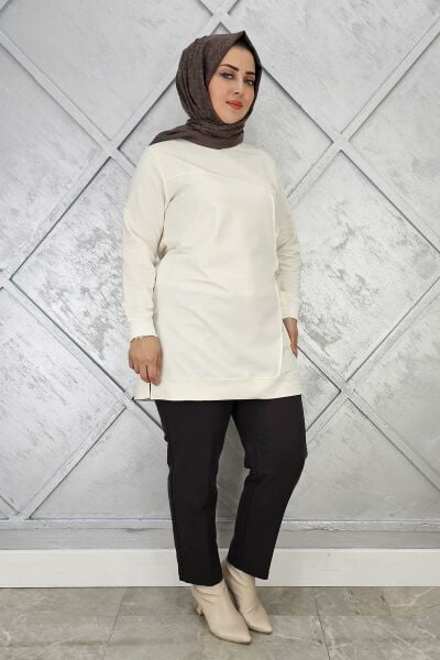 KADIN TAŞ VE DÜĞME DETAYLI TESETTÜR TUNİK EKRU - XL