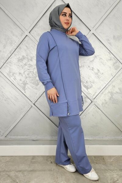 KADIN NERVÜR DİKİM DÜĞME DETAYLI TESETTÜR TAKIM MAVİ - 3XL