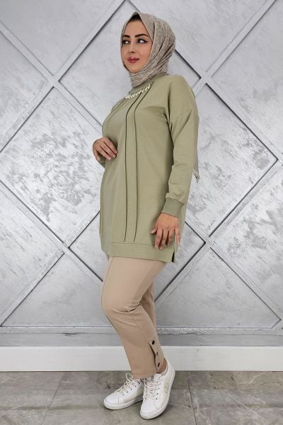 KADIN NERVÜR DİKİM İNCİ KOLYE DETAYLI TESETTÜR TUNİK MİNT YEŞİLİ - 2XL