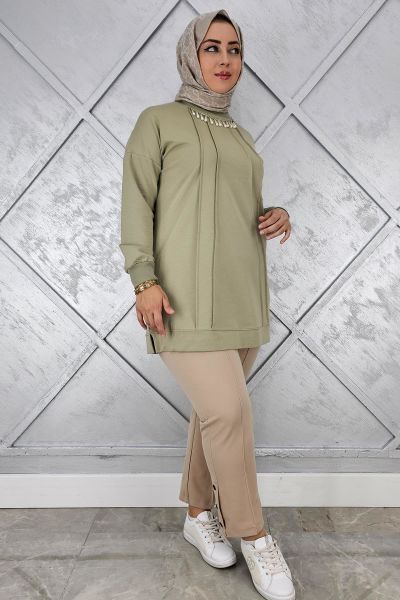 KADIN NERVÜR DİKİM İNCİ KOLYE DETAYLI TESETTÜR TUNİK MİNT YEŞİLİ - 2XL
