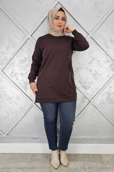 KADIN TAŞ VE DÜĞME DETAYLI TESETTÜR TUNİK KAHVERENGİ - 3XL
