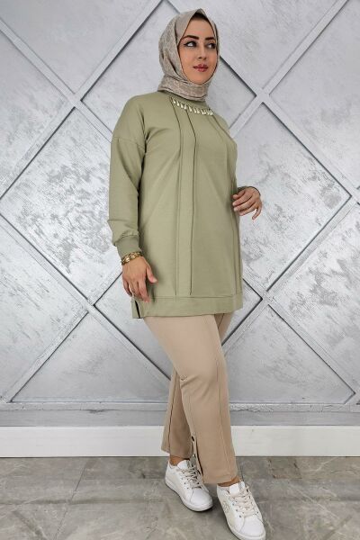 KADIN NERVÜR DİKİM İNCİ KOLYE DETAYLI TESETTÜR TUNİK MİNT YEŞİLİ - XL
