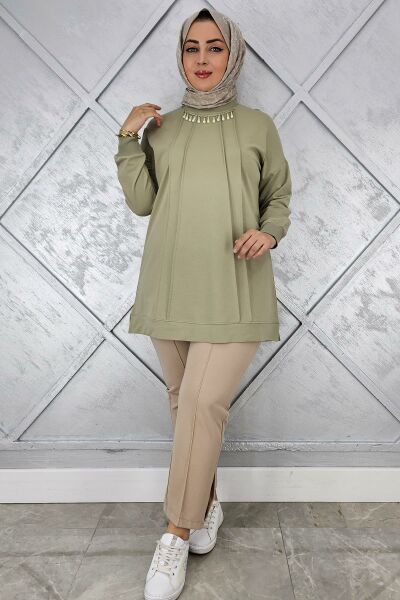 KADIN NERVÜR DİKİM İNCİ KOLYE DETAYLI TESETTÜR TUNİK MİNT YEŞİLİ - XL