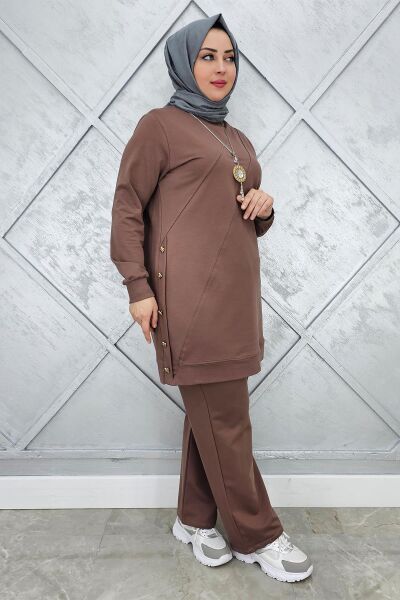 KADIN DÜĞME DETAYLI TESETTÜR TAKIM VİZON - 3XL