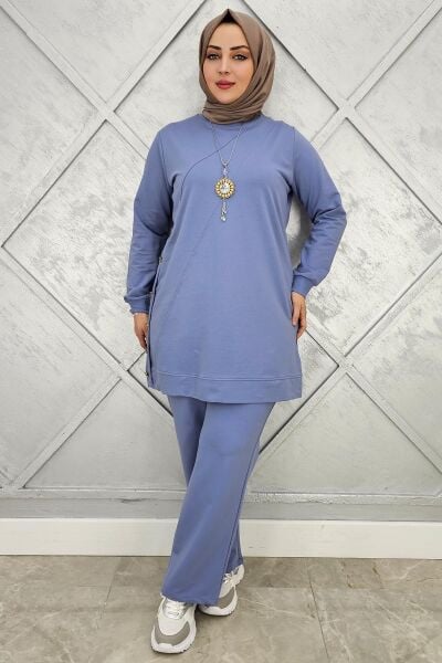 KADIN DÜĞME DETAYLI TESETTÜR TAKIM MAVİ - 3XL