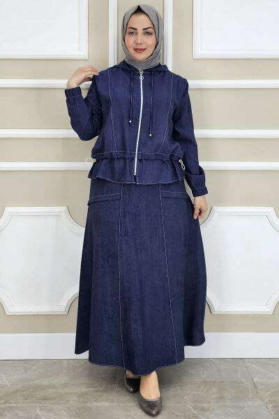 PYS KADIN KAPÜŞONLU ETEKLİ TESETTÜR TAKIM LACİVERT - 3 BEDEN