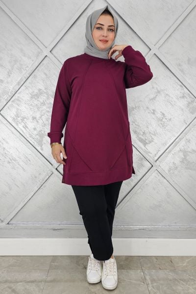KADIN KOLYE DETAYLI TESETTÜR TUNİK BORDO - 3XL