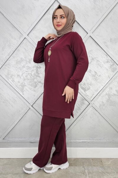 KADIN DÜĞME DETAYLI TESETTÜR TAKIM BORDO - 2XL