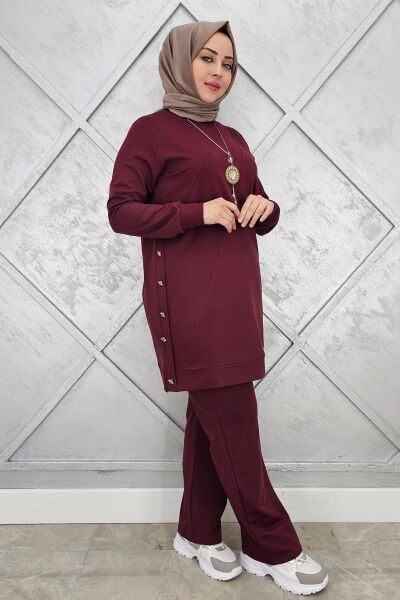 KADIN DÜĞME DETAYLI TESETTÜR TAKIM BORDO - 2XL
