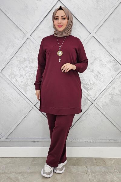 KADIN DÜĞME DETAYLI TESETTÜR TAKIM BORDO - 2XL