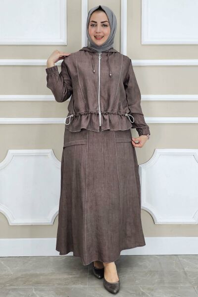 PYS KADIN KAPÜŞONLU ETEKLİ TESETTÜR TAKIM KAHVERENGİ - 4 BEDEN