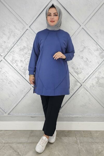 KADIN KOLYE DETAYLI TESETTÜR TUNİK İNDİGO - XL