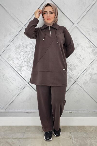 KADIN FERMUAR DETAYLI TESETTÜR TAKIM KAHVERENGİ - 4 BEDEN