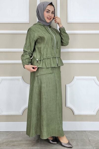 PYS KADIN KAPÜŞONLU ETEKLİ TESETTÜR TAKIM HAKİ - 3 BEDEN