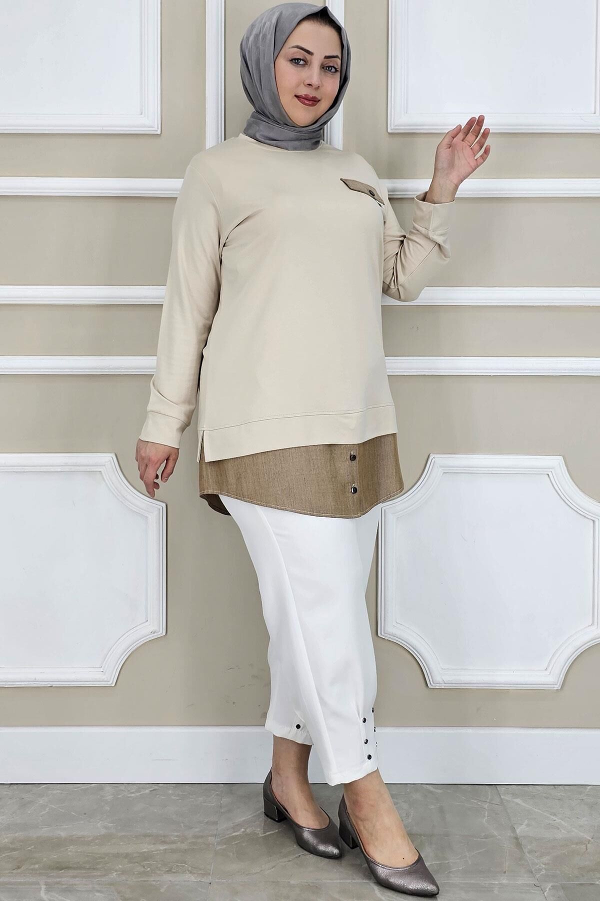 KADIN KOT KOMBİNLİ DÜĞME DETAYLI TESETTÜR TUNİK BEJ - 4 BEDEN