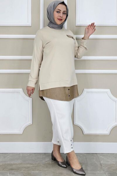 KADIN KOT KOMBİNLİ DÜĞME DETAYLI TESETTÜR TUNİK BEJ - 4 BEDEN