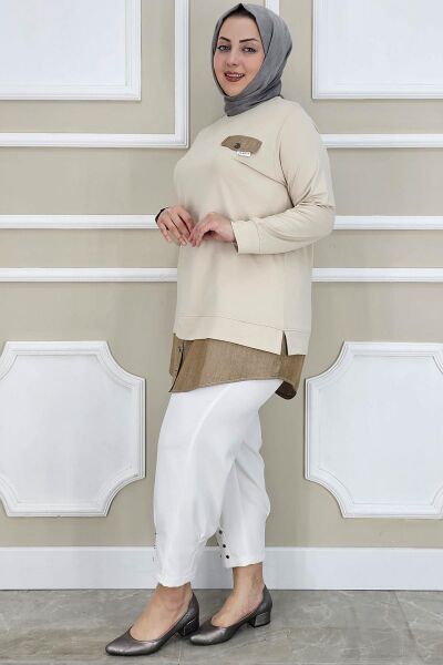 KADIN KOT KOMBİNLİ DÜĞME DETAYLI TESETTÜR TUNİK BEJ - 4 BEDEN