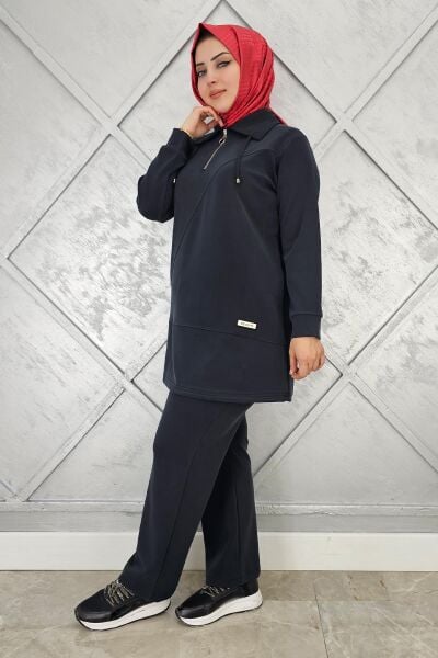 KADIN FERMUAR DETAYLI TESETTÜR TAKIM SİYAH - 3 BEDEN