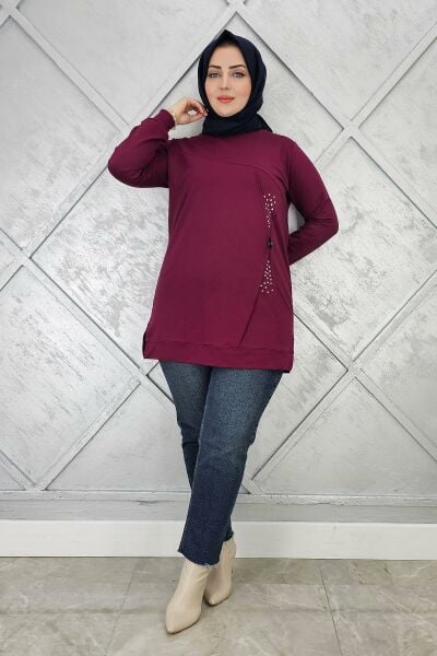KADIN TAŞ VE DÜĞME DETAYLI TESETTÜR TUNİK BORDO - 3XL
