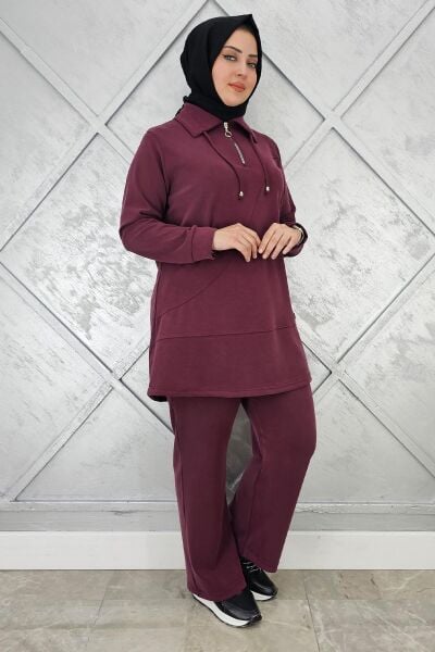 KADIN FERMUAR DETAYLI TESETTÜR TAKIM BORDO - 5 BEDEN
