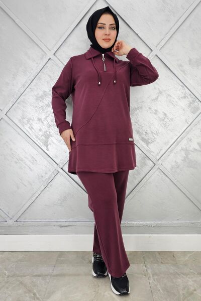 KADIN FERMUAR DETAYLI TESETTÜR TAKIM BORDO - 5 BEDEN