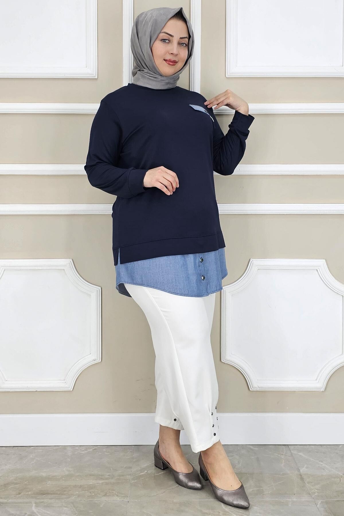 KADIN KOT KOMBİNLİ DÜĞME DETAYLI TESETTÜR TUNİK LACİVERT - 3 BEDEN