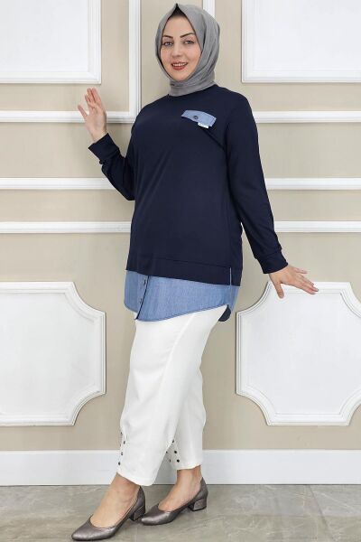 KADIN KOT KOMBİNLİ DÜĞME DETAYLI TESETTÜR TUNİK LACİVERT - 3 BEDEN