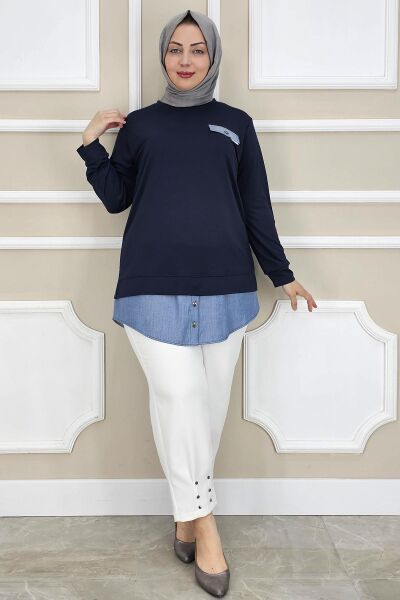 KADIN KOT KOMBİNLİ DÜĞME DETAYLI TESETTÜR TUNİK LACİVERT - 3 BEDEN