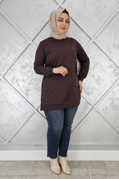 KADIN TAŞ VE DÜĞME DETAYLI TESETTÜR TUNİK KAHVERENGİ - 2XL