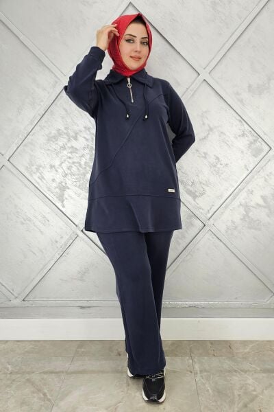 KADIN FERMUAR DETAYLI TESETTÜR TAKIM LACİVERT - 5 BEDEN