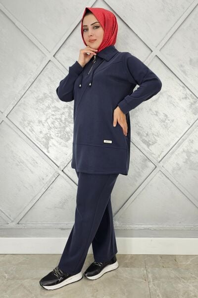 KADIN FERMUAR DETAYLI TESETTÜR TAKIM LACİVERT - 5 BEDEN