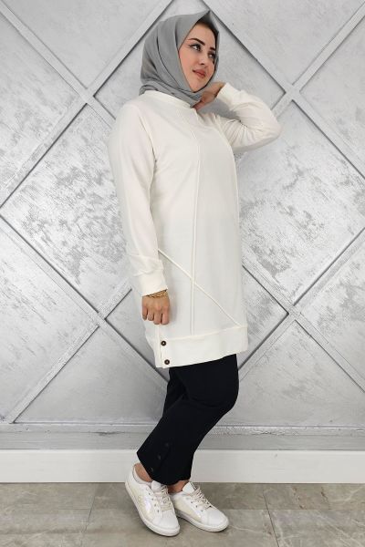 KADIN KOLYE DETAYLI TESETTÜR TUNİK EKRU - 3XL